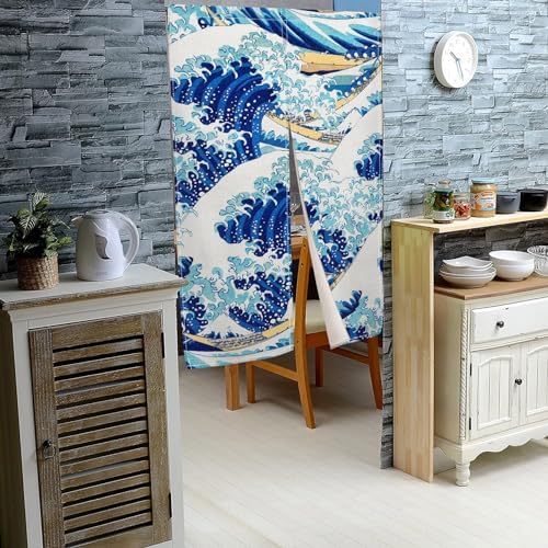 Leowefowa Noren Curtain Blue Great Wave Ukiyoe Design