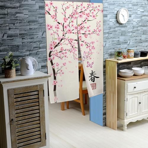 Leowefowa Cherry Blossom Noren Door Curtain