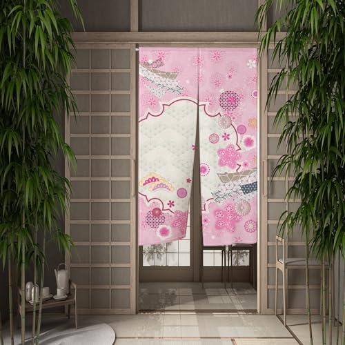 Traditional Japanese Noren Door Curtain Pink Flowers Print 34x60