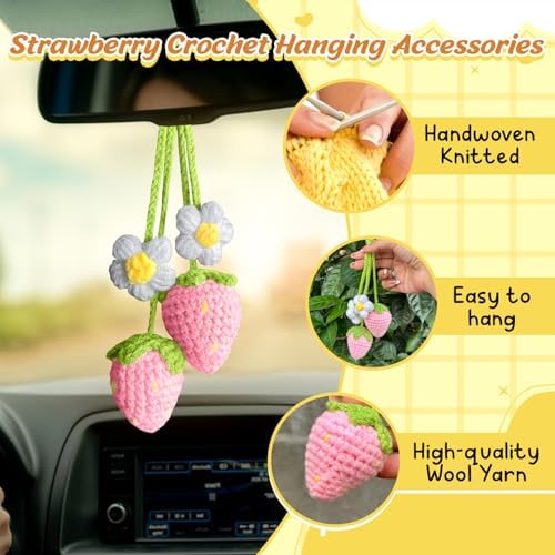Crochet Strawberry Rear View Mirror Ornament for Women