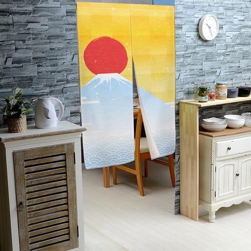 Traditional Japanese Noren Door Curtain with Cartoon Red Moon Wave Print