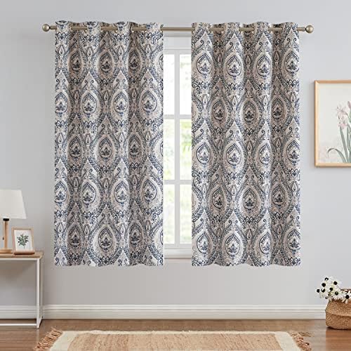 Vangao Damask Curtains 2 Panels 63 Inch Blue on Beige