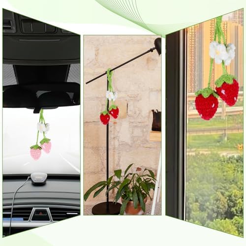4 PCS Crochet Strawberry Car Hanging Ornaments