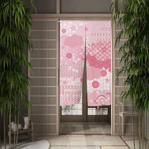 Japanese Pink Flowers Pattern Noren Door Curtain 34x60