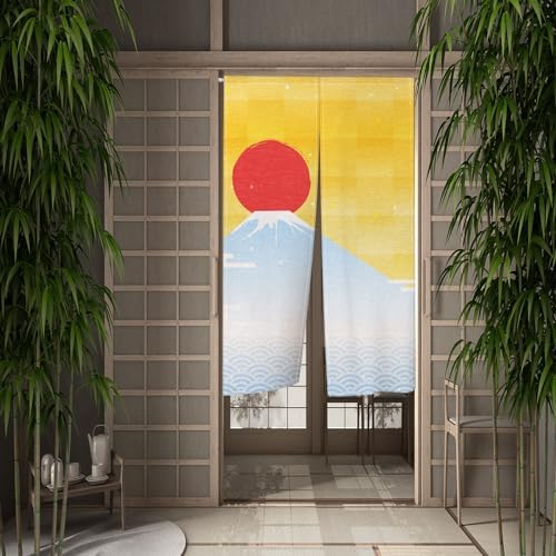 Traditional Japanese Noren Door Curtain with Cartoon Red Moon Wave Print