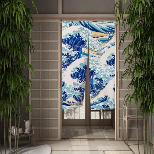 Leowefowa Noren Curtain Blue Great Wave Ukiyoe Design
