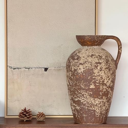 Brown Ceramic Rustic Farmhouse Vase with Handle