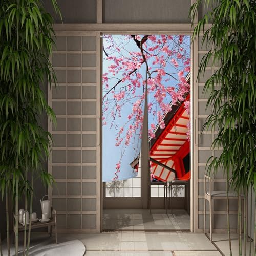 Leowefowa Japanese Noren Doorway Curtain Pink Cherry Blossom Panel 34x60
