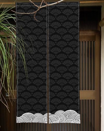ChloropLastid Long Japanese Noren Curtain Black Beige Wave