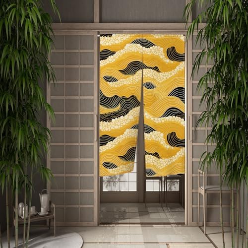 Leowefowa Japanese Noren Curtain with Gold and Black Great Wave Design