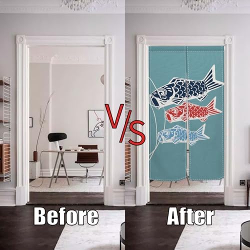 Traditional Long Style Japanese Noren Door Curtain with Blue Fishes Print