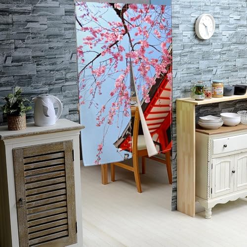 Leowefowa Japanese Noren Doorway Curtain Pink Cherry Blossom Panel 34x60