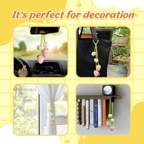Crochet Strawberry Rear View Mirror Ornament for Women