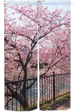 Leowefowa Japanese Noren Spring Pink Cherry Blossom Curtain Panel
