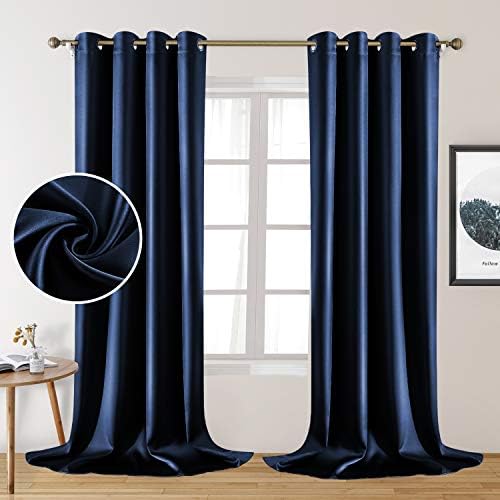 HOMEIDEAS 2 Panels Navy Blue Faux Silk Blackout Curtains 52x108 Inch