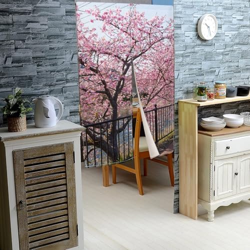 Leowefowa Japanese Noren Spring Pink Cherry Blossom Curtain Panel