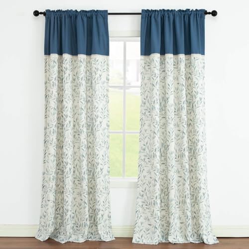 VOGOL Linen Textured Curtains with Leaves Print and Lace Border
