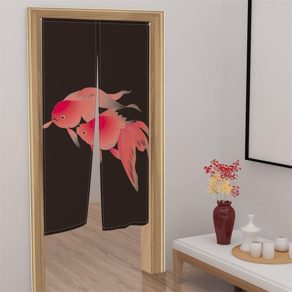 Leowefowa Traditional Japanese Noren Curtain 34x60 Inch Koi Fish Black