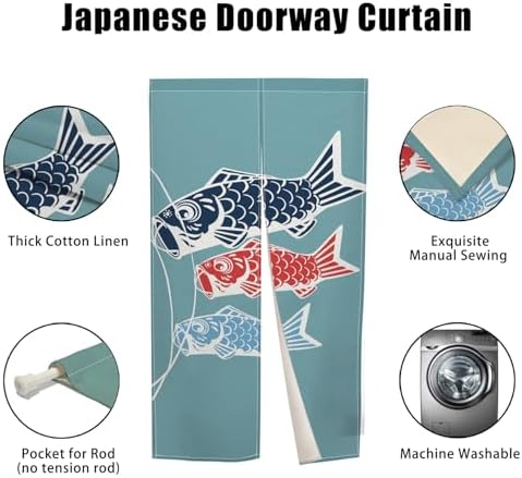 Traditional Long Style Japanese Noren Door Curtain with Blue Fishes Print