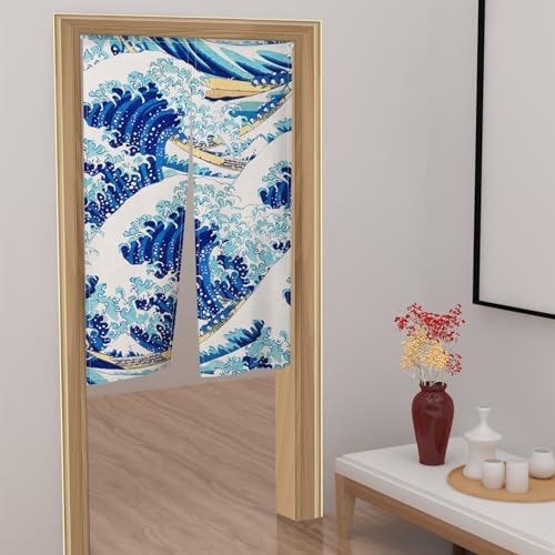 Leowefowa Noren Curtain Blue Great Wave Ukiyoe Design