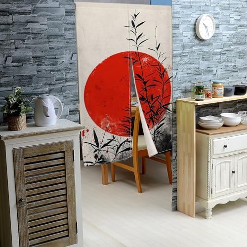 Japanese Noren Door Curtain with Red Moon Pattern