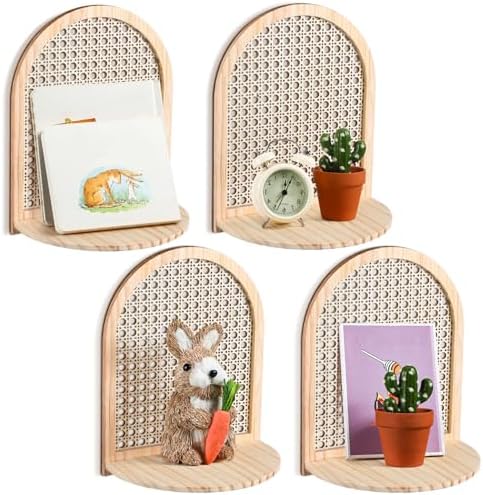 Karenhi 4 Pcs Boho Rattan Wall Shelf Decor
