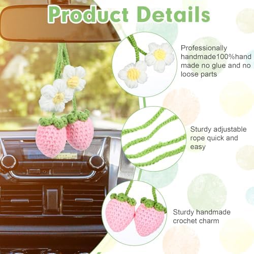 Crochet Car Mirror Hanger Strawberry Flower Girly Decoration