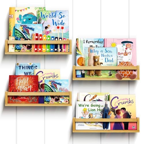 Ollieroo Four Floating Bamboo Book Shelves Wall Mounted