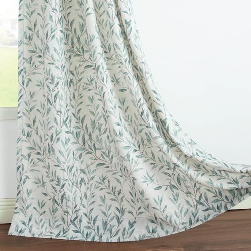 VOGOL Linen Textured Curtains with Leaves Print and Lace Border