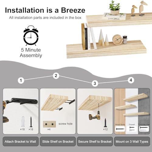 BOFIRE Floating Wall Shelves - 17 Inch Solid Wood Decor