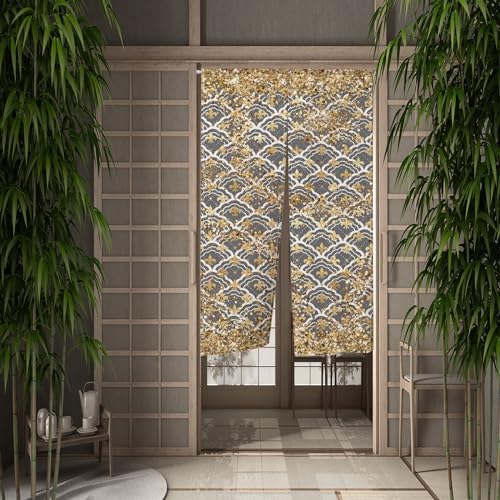 Traditional Japanese Noren Door Curtain with Gold Sequins