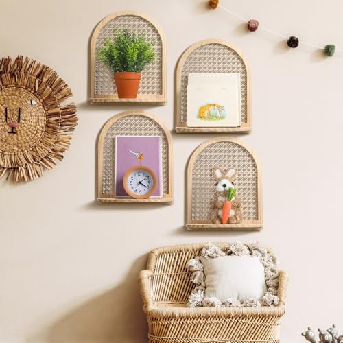 Karenhi 4 Pcs Boho Rattan Wall Shelf Decor