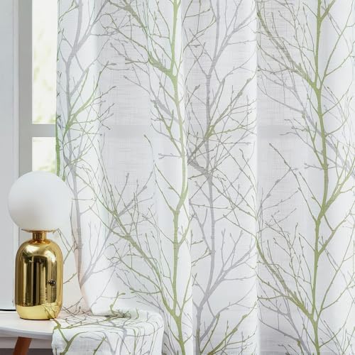 FMFUNCTEX Sheer French Door Curtain Panel 50x40 Green White Tree Print