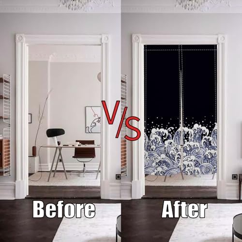 Noren Doorway Curtain Navy Blue Waves Pattern Panel