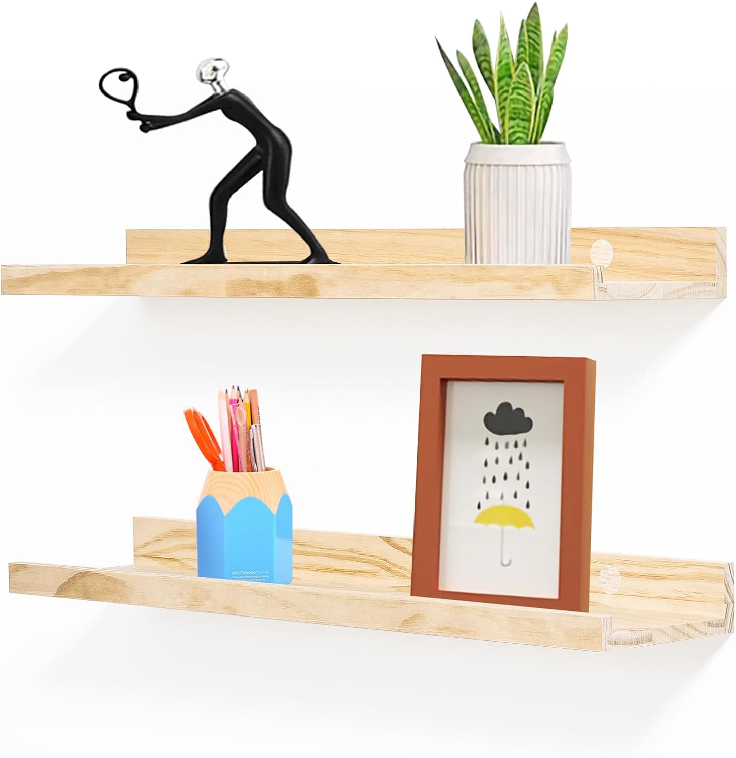 AZSKY Floating Shelves Set 2 Natural Wood Wall Mount Bookshelf