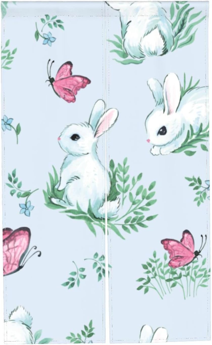 Japanese Doorway Curtain White Rabbit and Butterfly Design