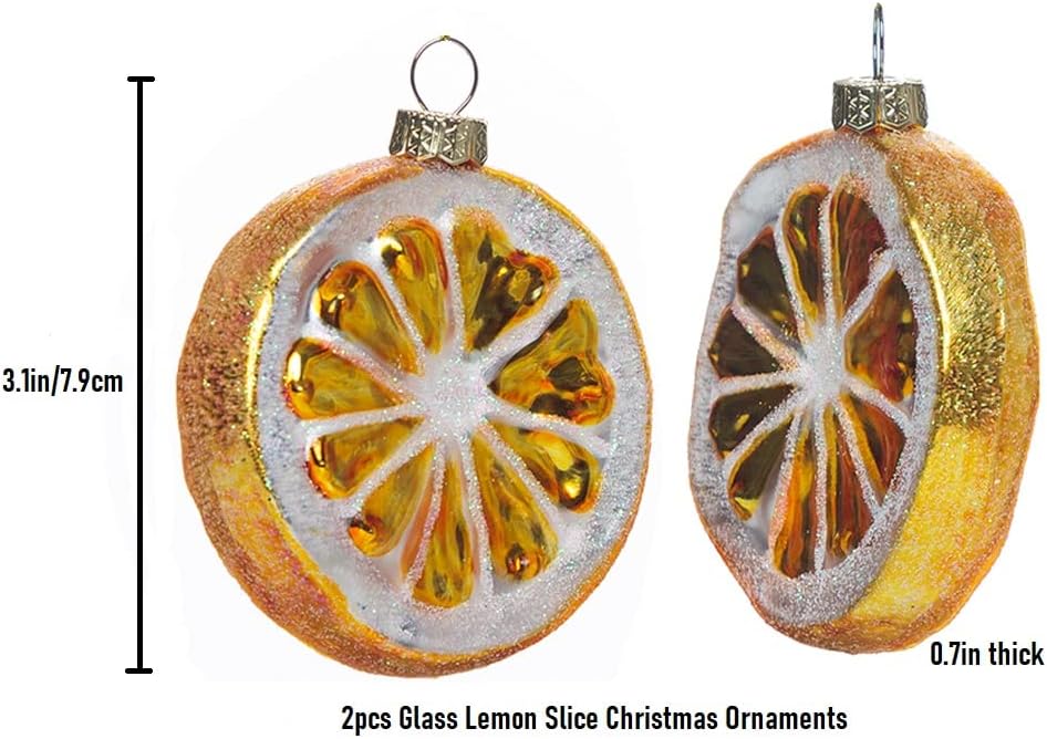 2 Pack Hand Blown Glass Lemon Ornaments for Christmas Tree