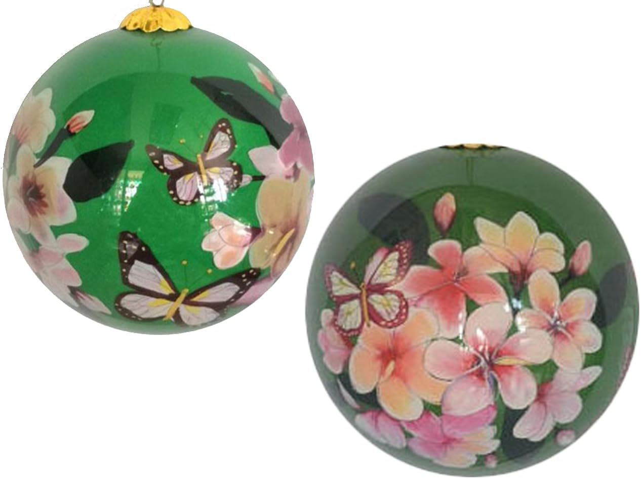 Hawaiian Plumeria Butterfly Glass Ornament
