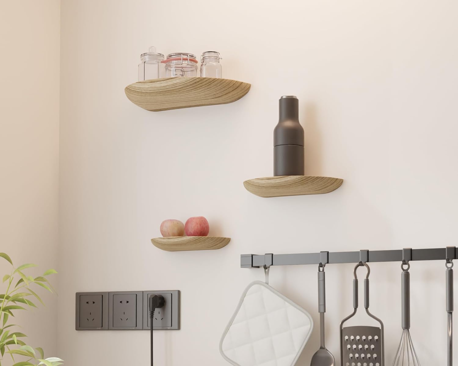 Solid Wood Half Round Floating Wall Shelves Light Brown