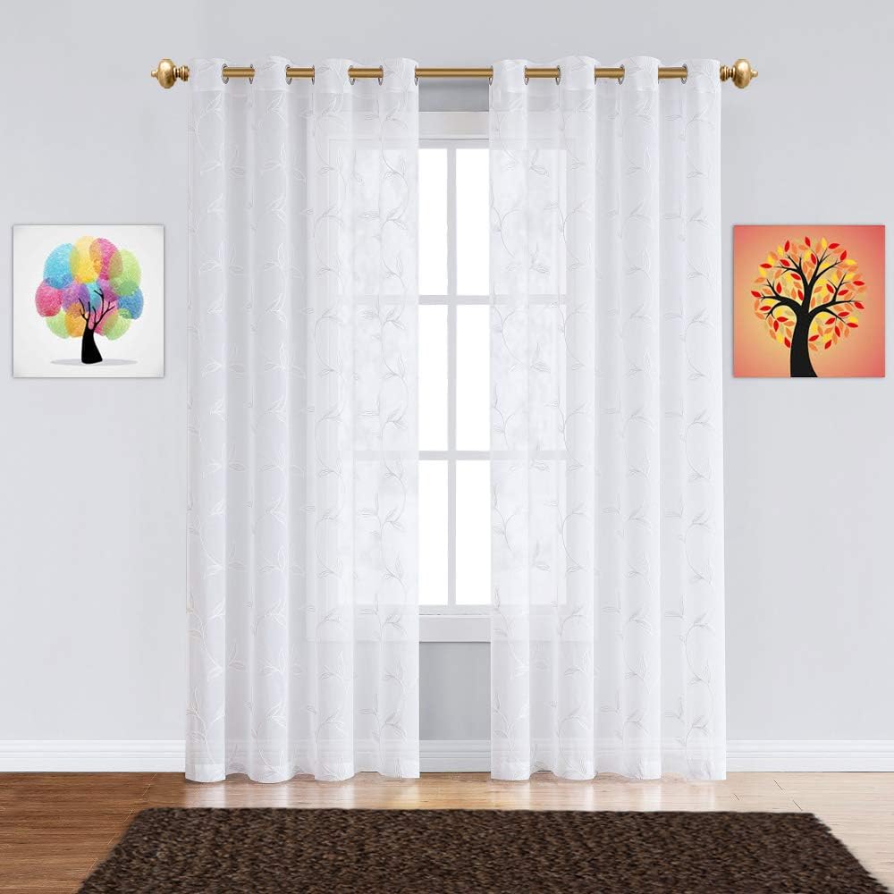 Warm Home Designs Sheer White Faux-Linen Curtain Panels with Leaf Embroidery