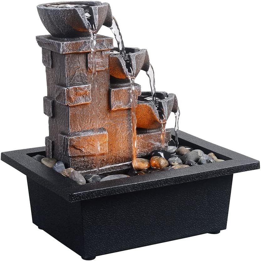 GOSSI 3-Tier Stone Wall Tabletop Fountain with LED Lights