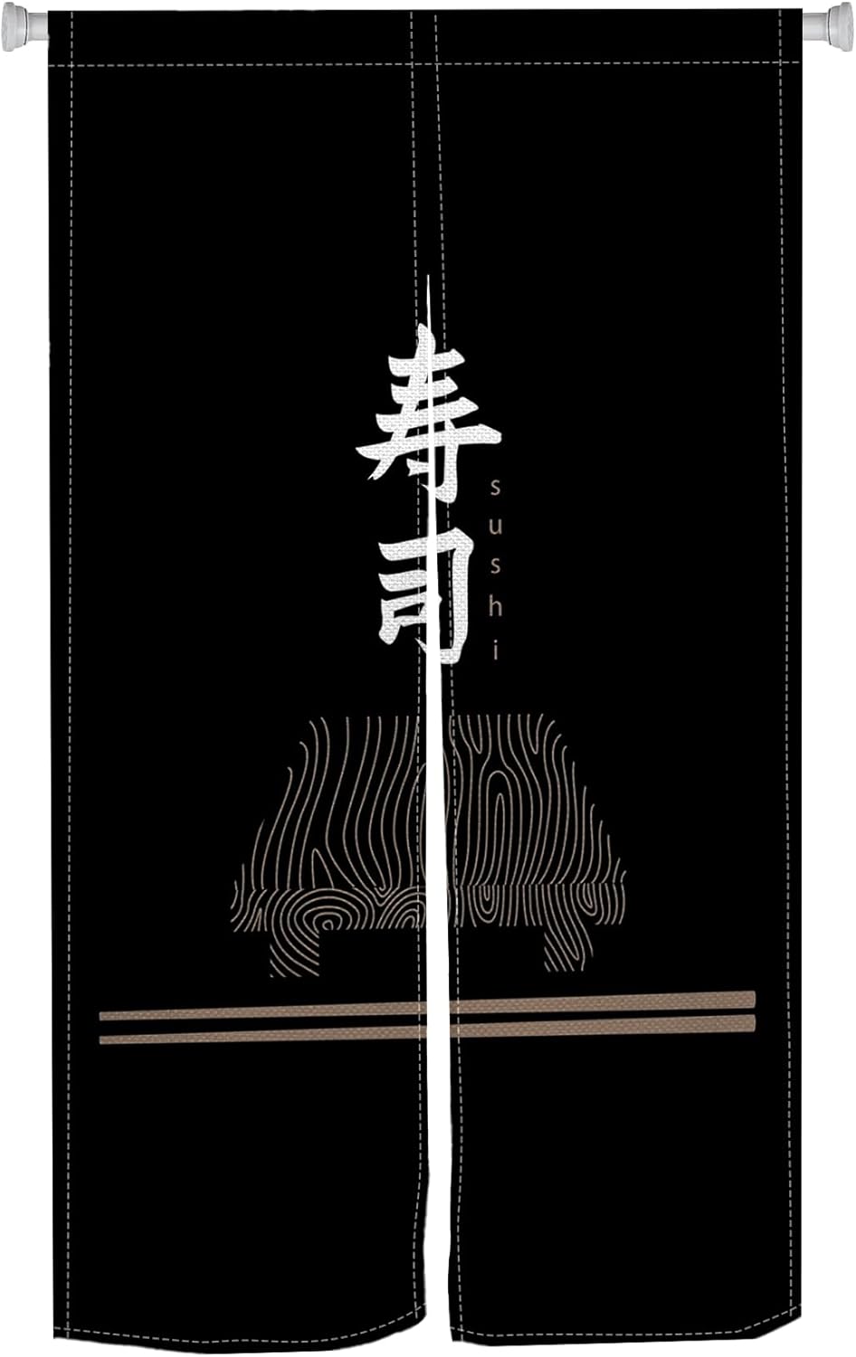 Traditional Japanese Style Door Curtain Black Sushi Pattern