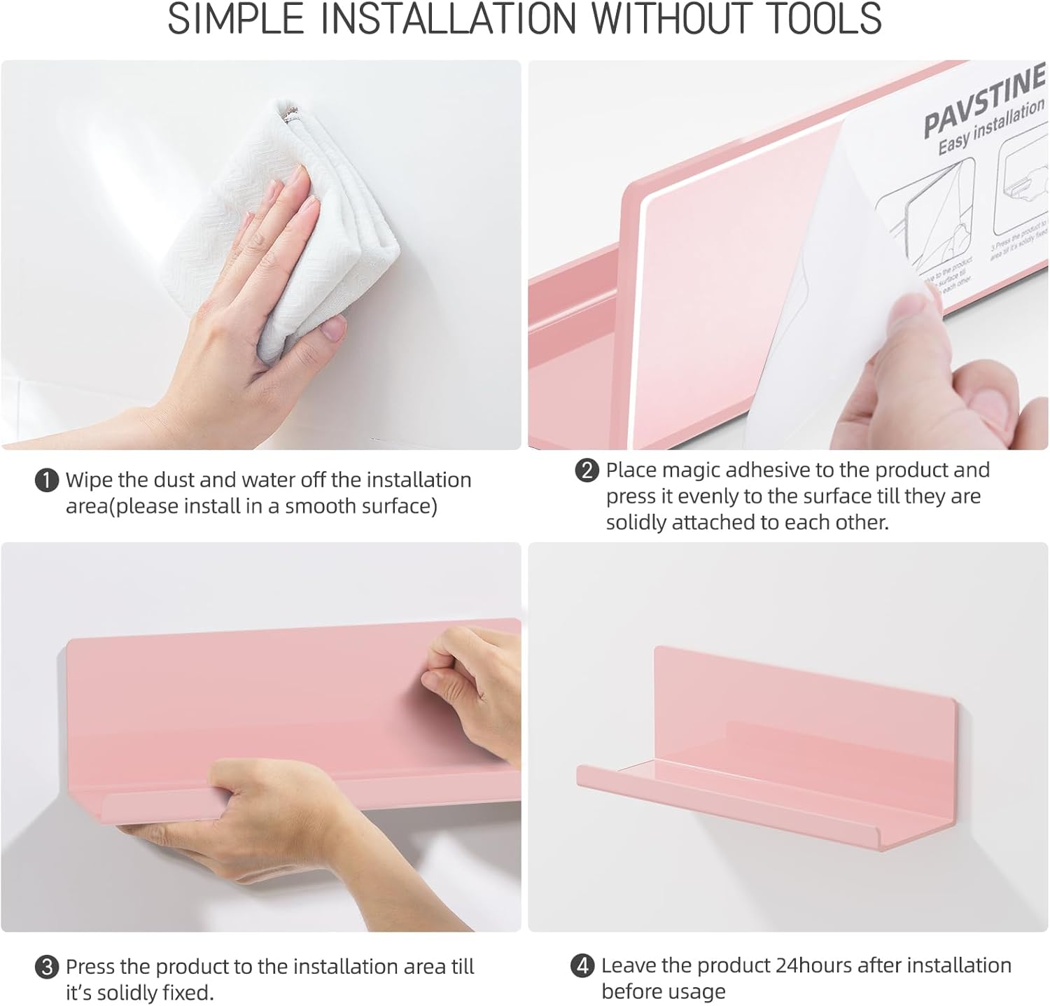 PAVSTINE 12 Inch Pink Floating Shelves No Drilling