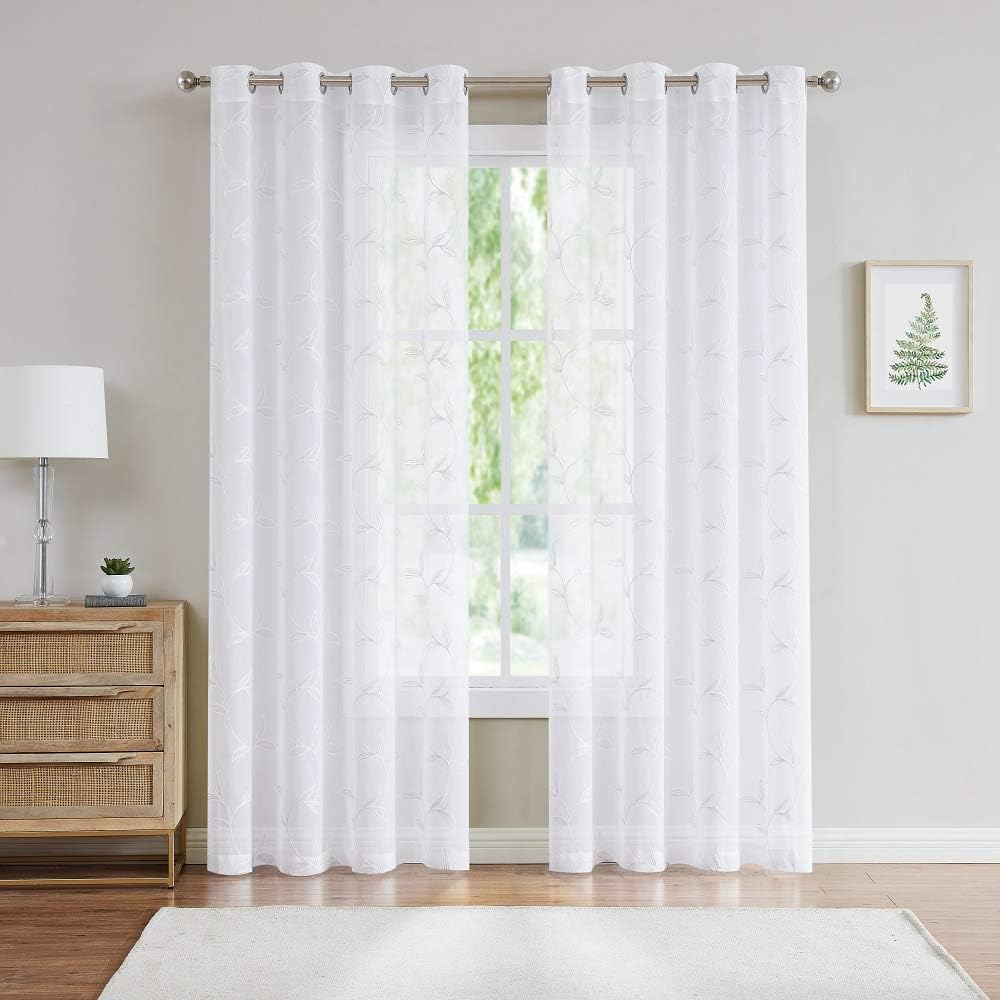 Warm Home Designs Sheer White Faux-Linen Curtain Panels with Leaf Embroidery