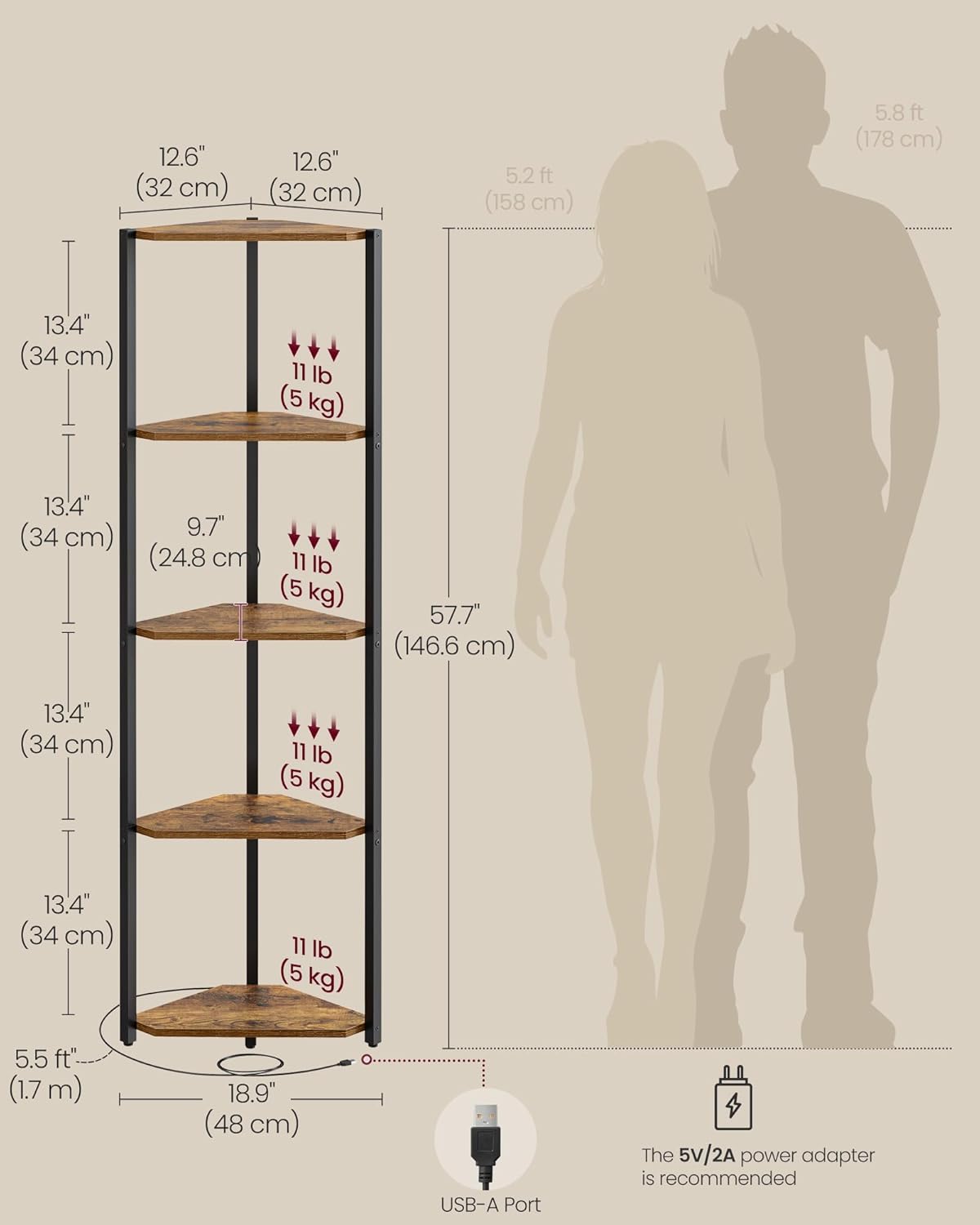 VASAGLE 5-Tier Corner Bookshelf with LED Lights Rustic Brown