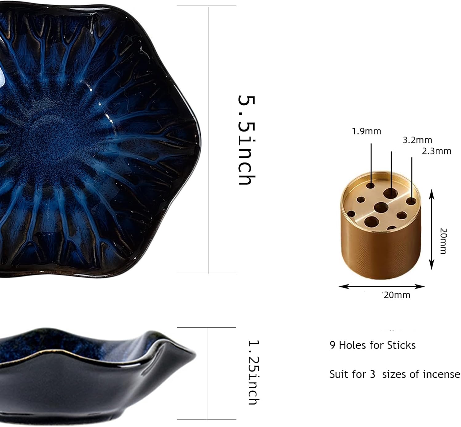 ASBEFORE Ceramic Incense Holder 2PCS Blue Grey Flower