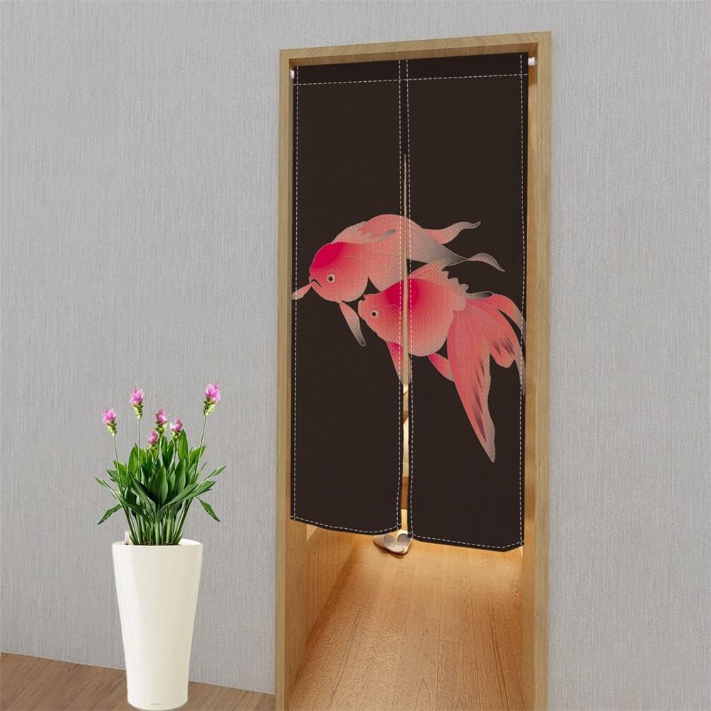 Leowefowa Traditional Japanese Noren Curtain 34x60 Inch Koi Fish Black