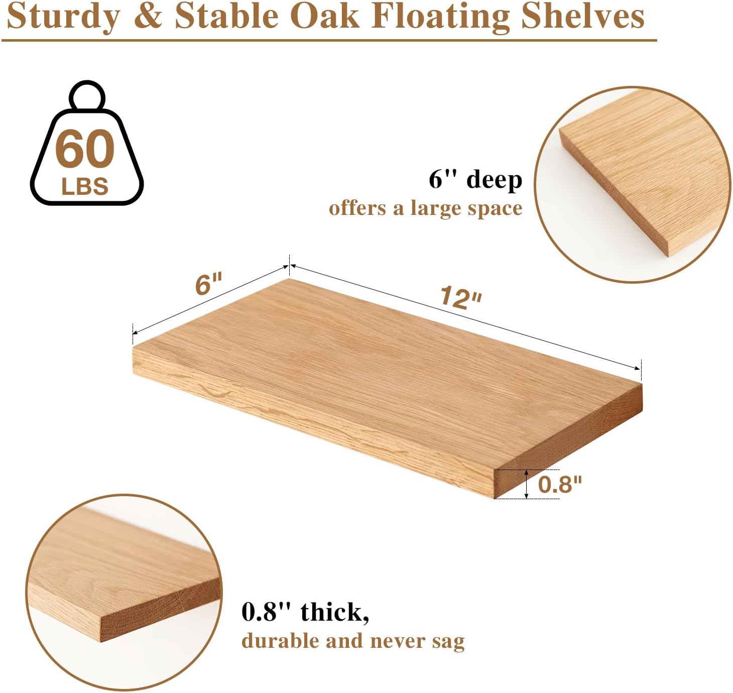 Sikflmi Oak Floating Shelves 12 Inch Wall Shelf