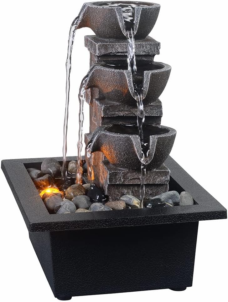 GOSSI 3-Tier Stone Wall Tabletop Fountain with LED Lights