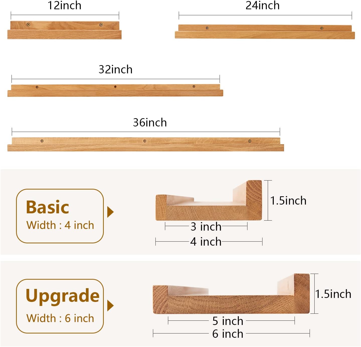 Natural Oak Wood Floating Shelf 12 Inch